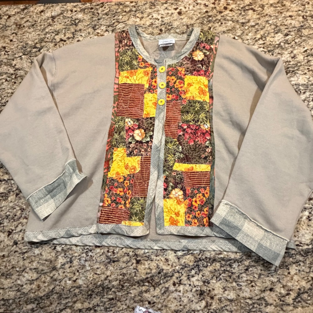 Jerzees NuBlend Patchwork Sweatshirt Cardigan Womens 2X Tan Floral Plaid Fleece